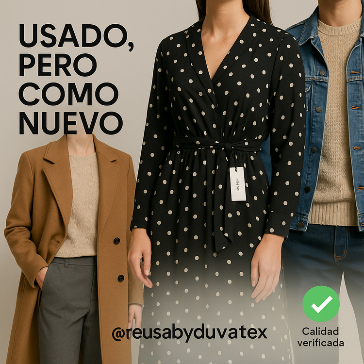 Prendas de segunda mano en estado como nuevo sobre fondo beige con etiquetas “Like New”; colección REUSA