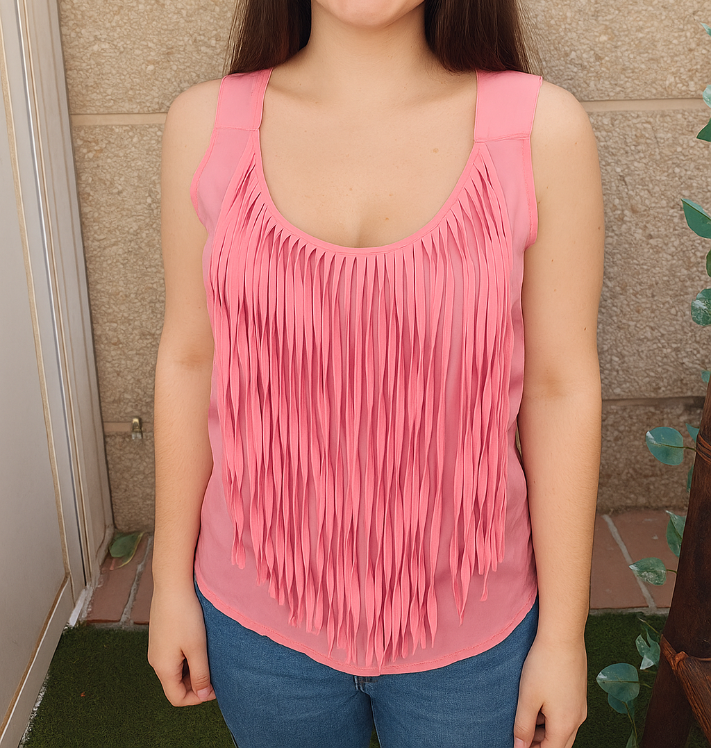 USADO – Top rosa con flecos verticales ZARA BASIC (Talla EUR S)