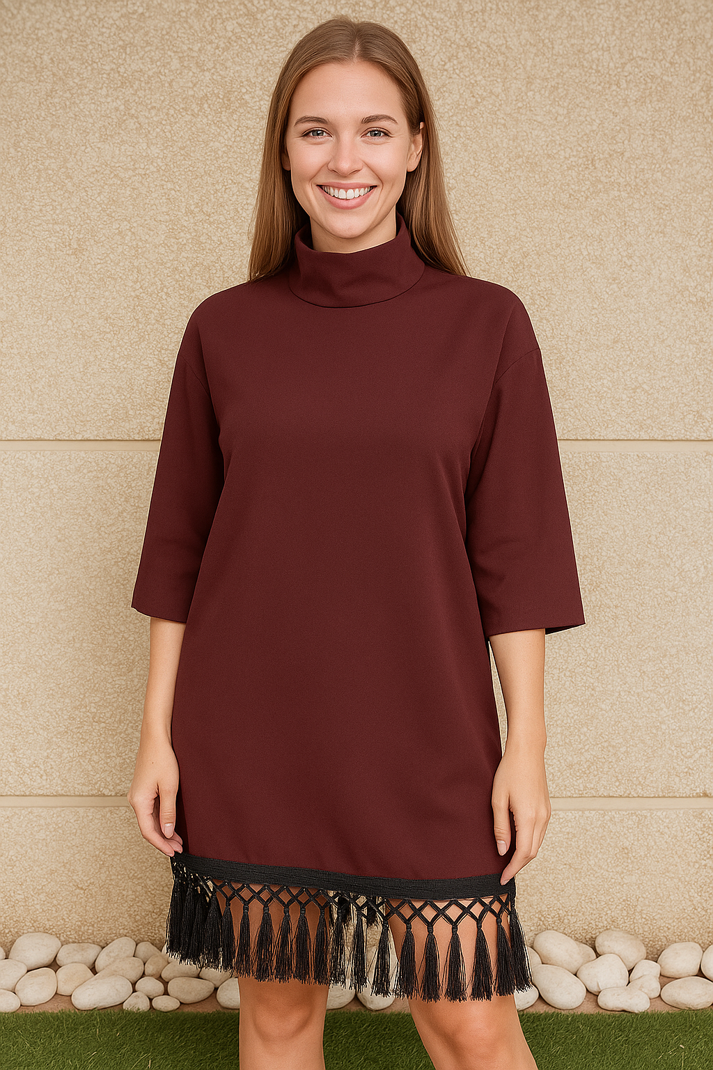 USADO – vestido burdeos de cuello alto con flecos negros ZARA Woman (Talla XS)