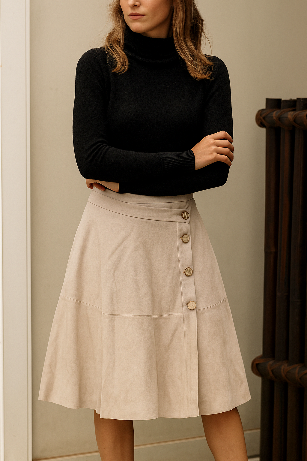 USADO – Falda midi beige con botones laterales ZARA BASIC (Talla M)