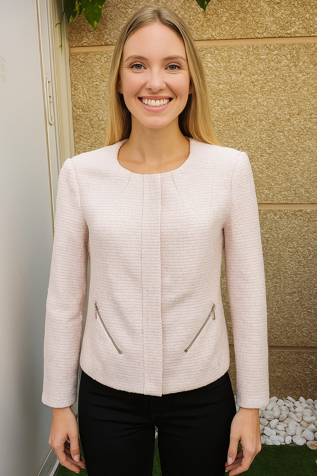 USADO – Chaqueta tweed rosa claro con cremallera EASY WEAR (Talla L)