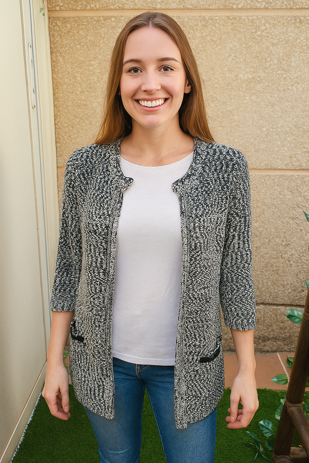 USADO – Cárdigan jaspeado blanco y azul marino tipo tweed de SFERA (Talla S)