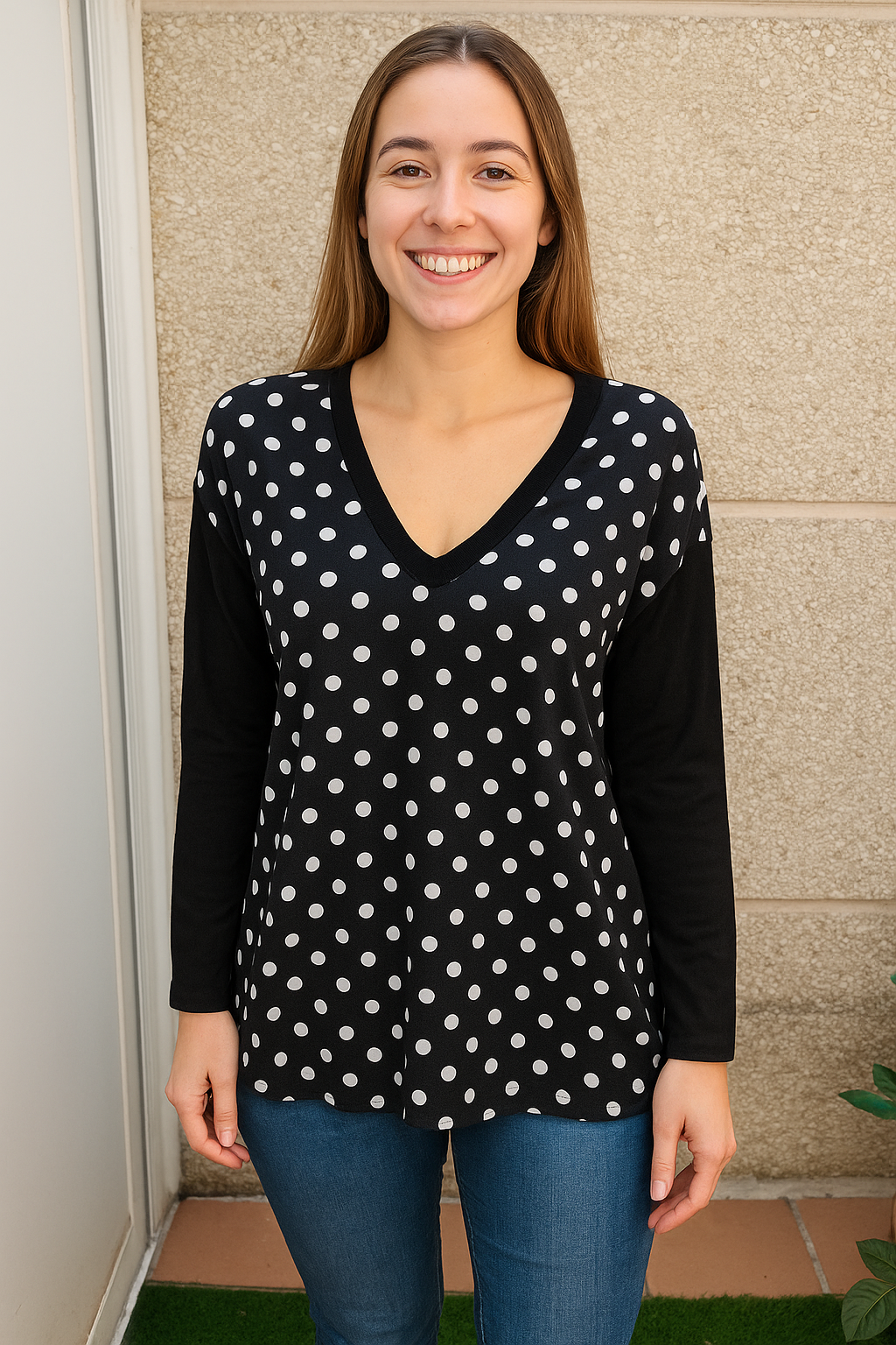 USADO –Blusa negro de lunares blancos ZARA KNIT (Talla S)
