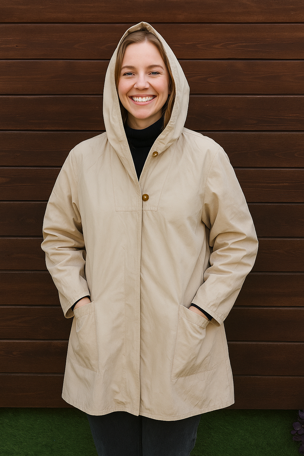 USADO – Abrigo beige con capucha estilo casual Ramowear (Talla S)