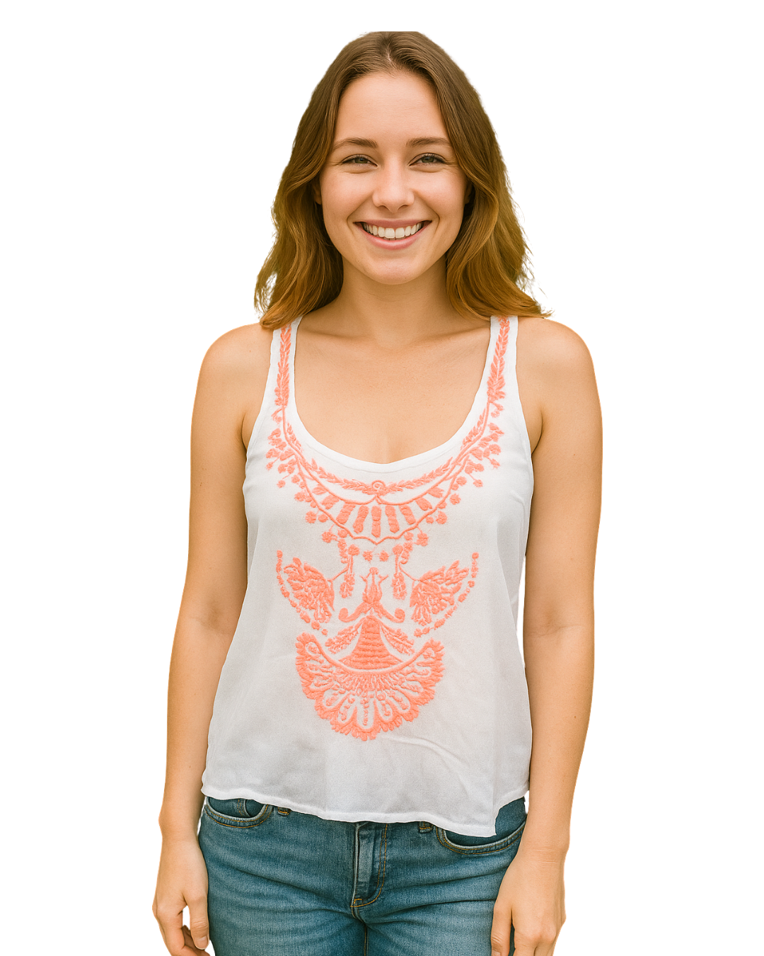 D'OCCASION – Haut blanc sans manches avec broderie corail et fente dans le dos par Bershka BSK Girl (Taille S)
