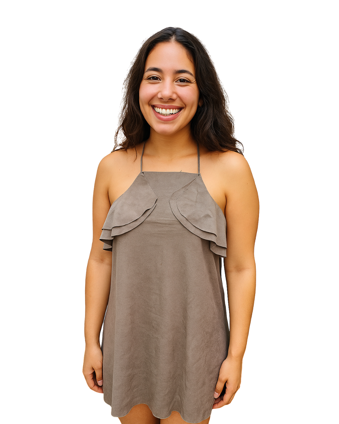 USADO – Vestido corto taupe con volantes escote Zara Woman Collection (Talla S)