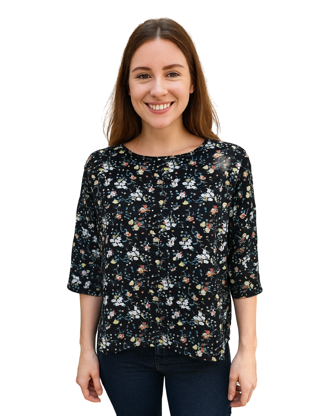 D'OCCASION – Chemisier noir à fleurs à manches larges STRADIVARIUS (Taille S)