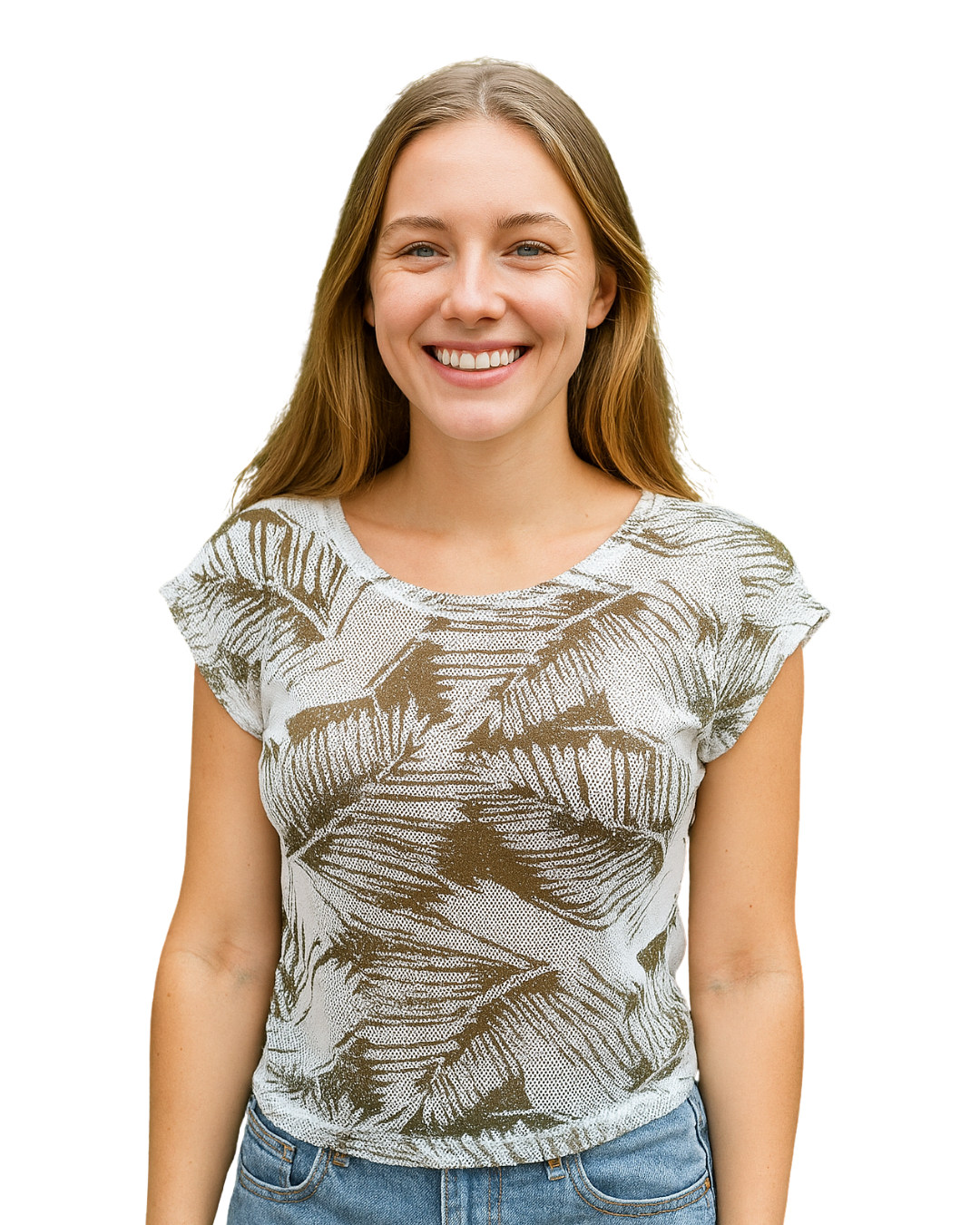 USADO – Top calado con estampado tropical blanco y verde de Berskly (Talla S)