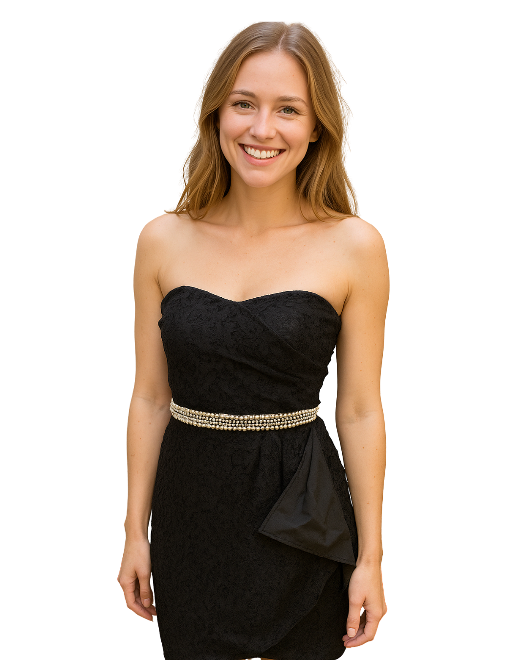 NUEVO – Vestido palabra de honor de encaje negro con cinturón joya SUITEBLANCO (Talla S)
