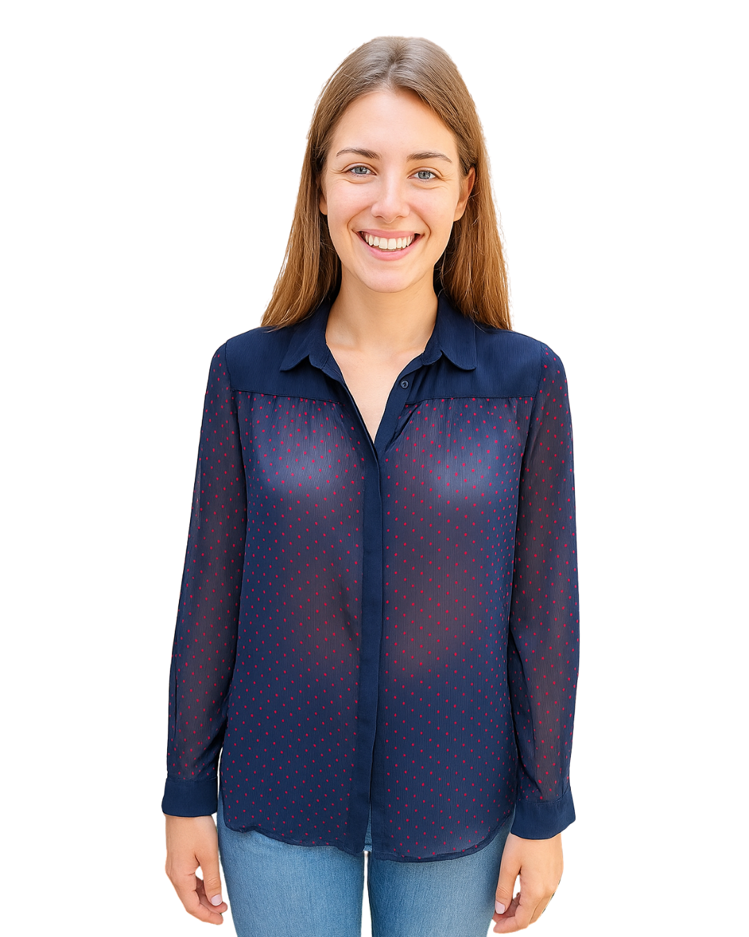 USADO – Blusa transparente azul marino con lunares rojos BERSHKA (Talla S)