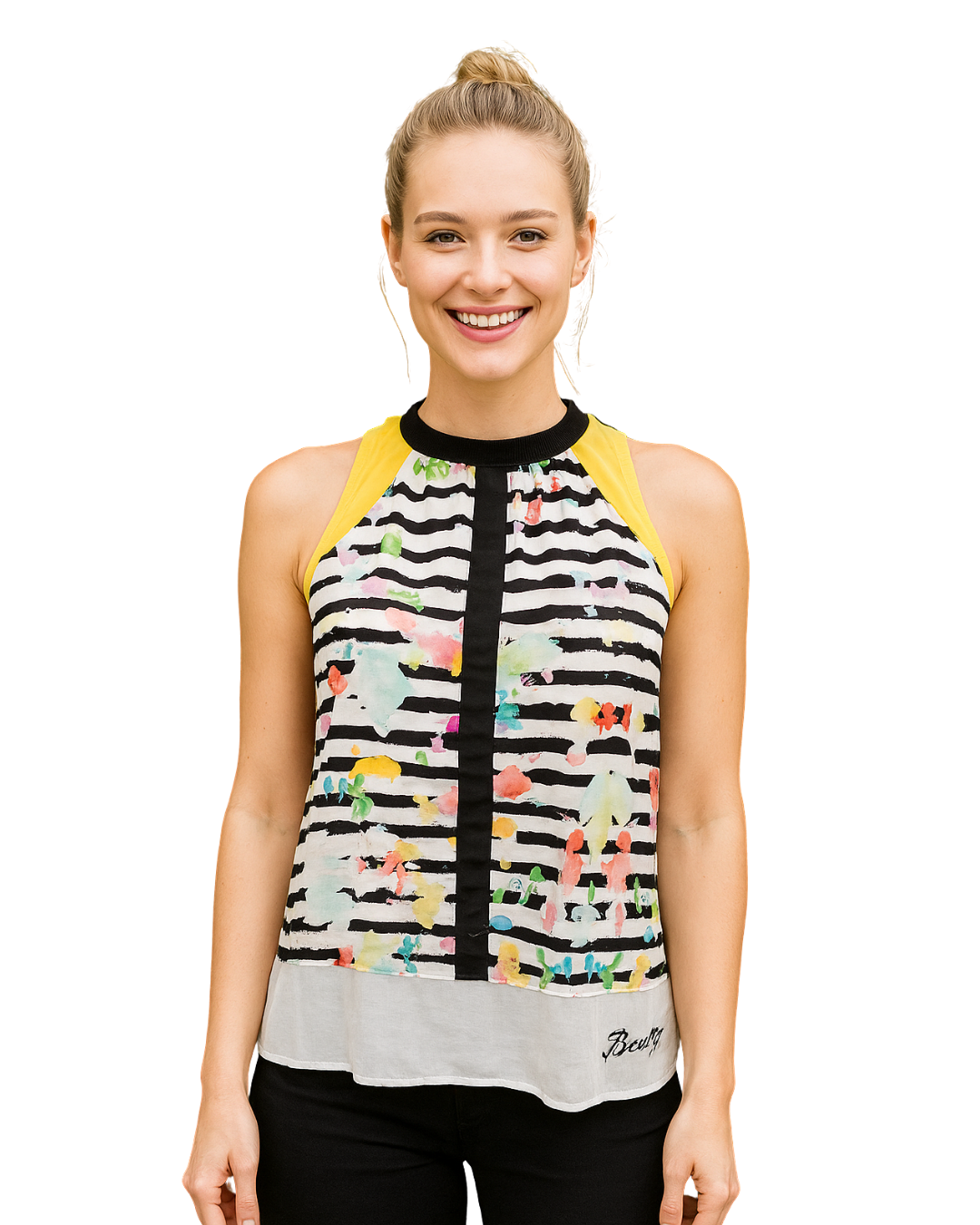 USADO – Top estampado de rayas y pinceladas multicolor con detalles en amarillo de DESIGUAL (Talla no visible, equivalente a S/M)