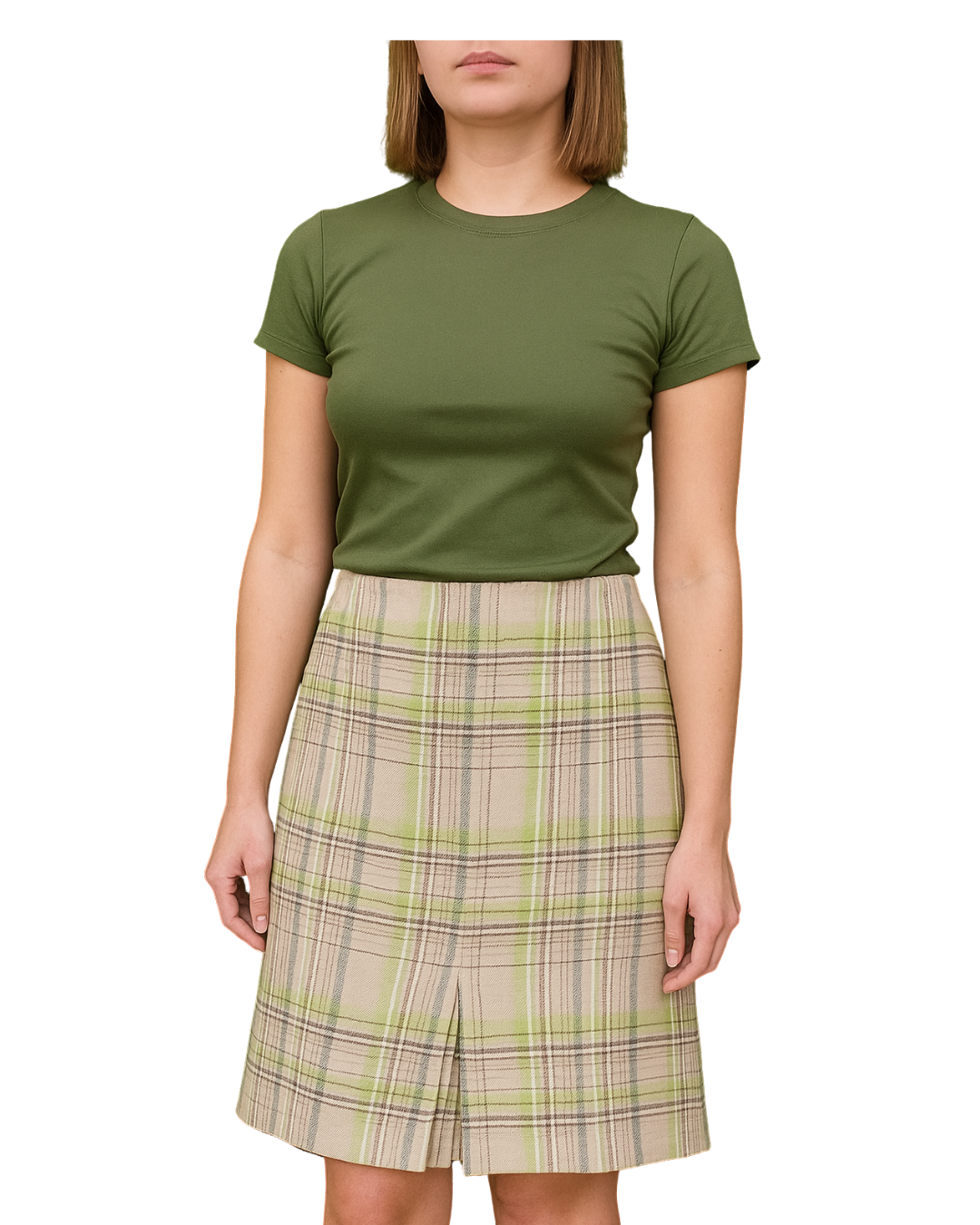 D'OCCASION – Jupe crayon à carreaux vert citron et beige MNG (Taille 42 EUR)