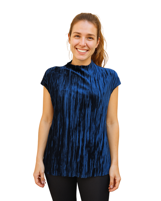 D'OCCASION – Top plissé effet velours bleu et noir de la collection ZARA (Taille S)