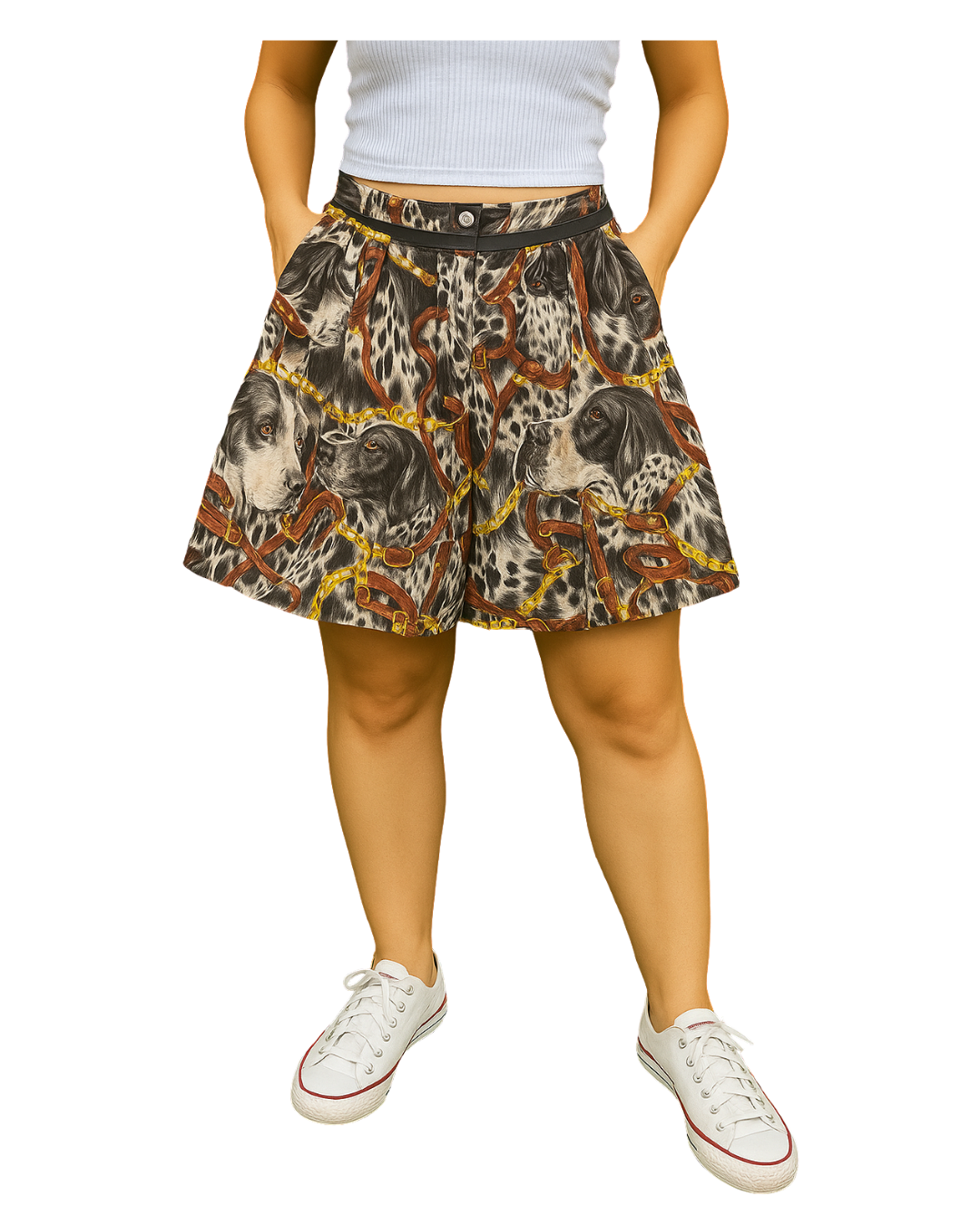 D'OCCASION – Jupe ZARA FEMME à imprimé chien avec ceinture noire (taille S)