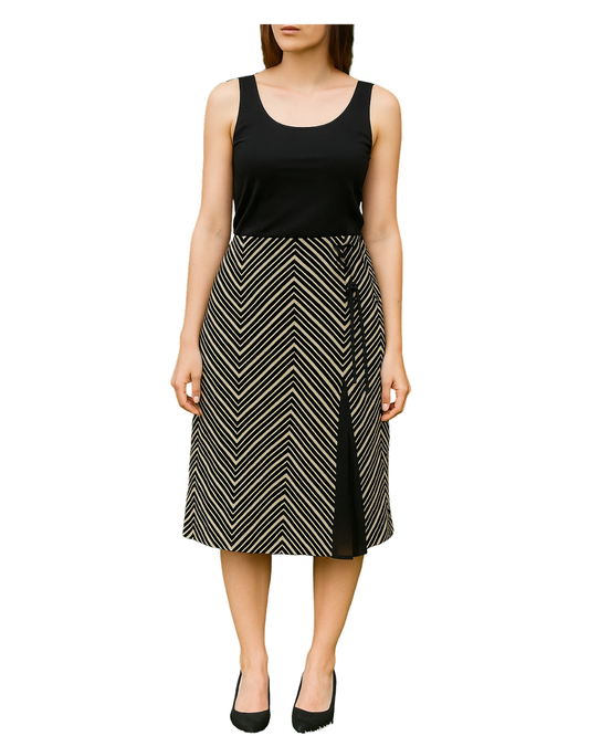 D'OCCASION – Jupe mi-longue à rayures en zigzag avec fente MNG (Taille 40)