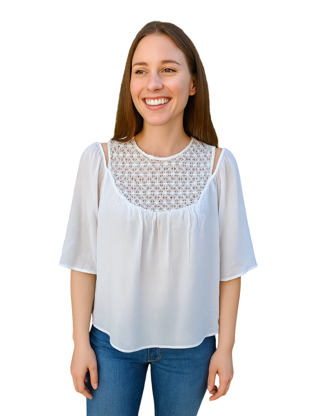 D'OCCASION - Chemisier blanc Zara Femme avec broderie florale ajourée (Taille XS)