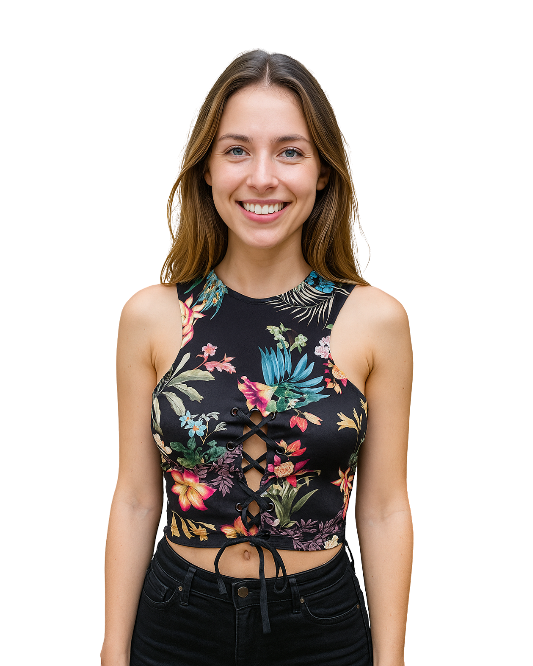 USADO – Crop top floral negro con cordones frontales STRADIVARIUS (Talla S)