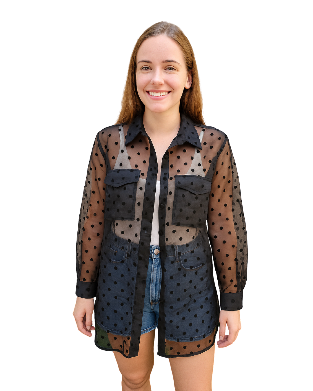 USADO – Blusa transparente negra de lunares STRADIVARIUS (Talla M)