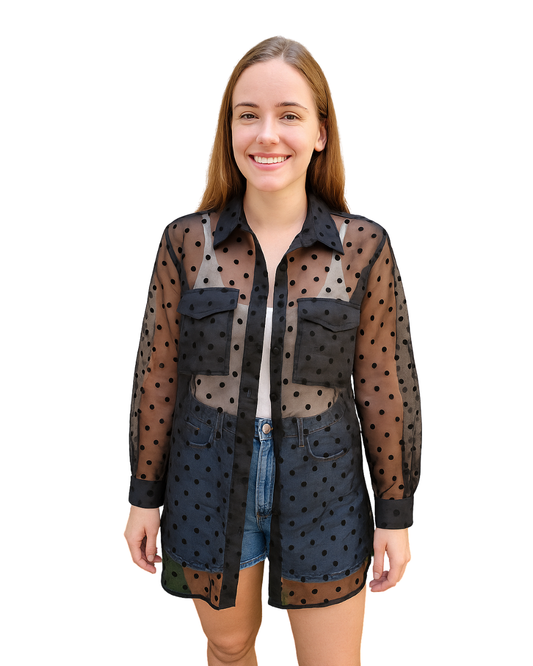 D'OCCASION – Chemisier noir transparent à pois STRADIVARIUS (Taille M)