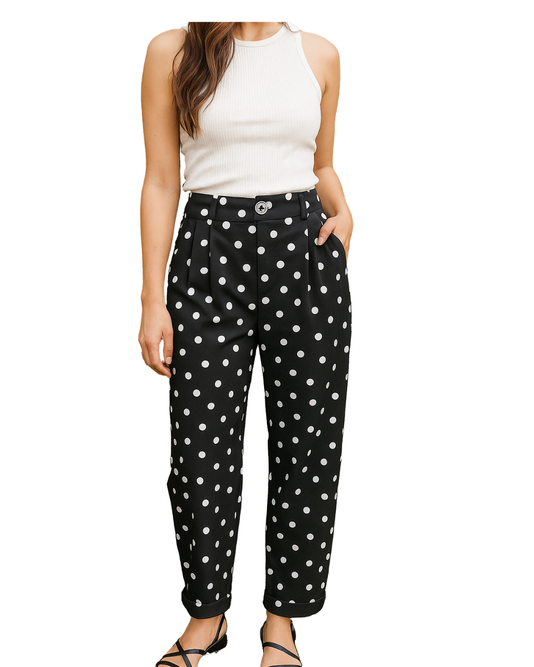 D'OCCASION – Pantalon noir à pois blancs longueur cheville de STRADIVARIUS (Taille 34 EUR)