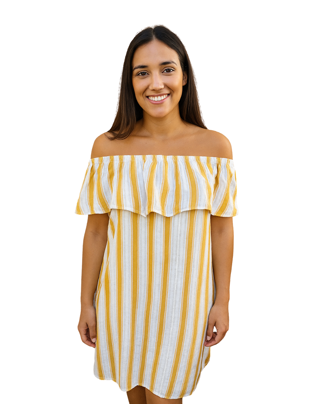 D'OCCASION – Robe rayée blanche et moutarde de STRADIVARIUS (Taille S)