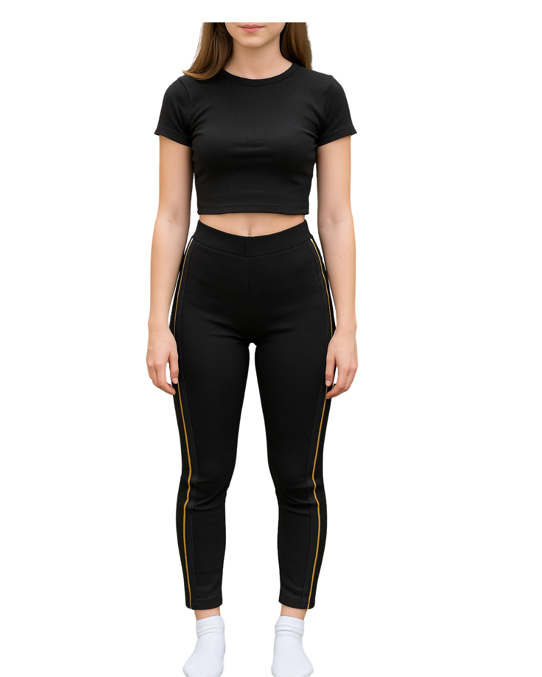 NOUVEAU – Legging noir MANGO BASICS avec bande latérale jaune (Taille XS)