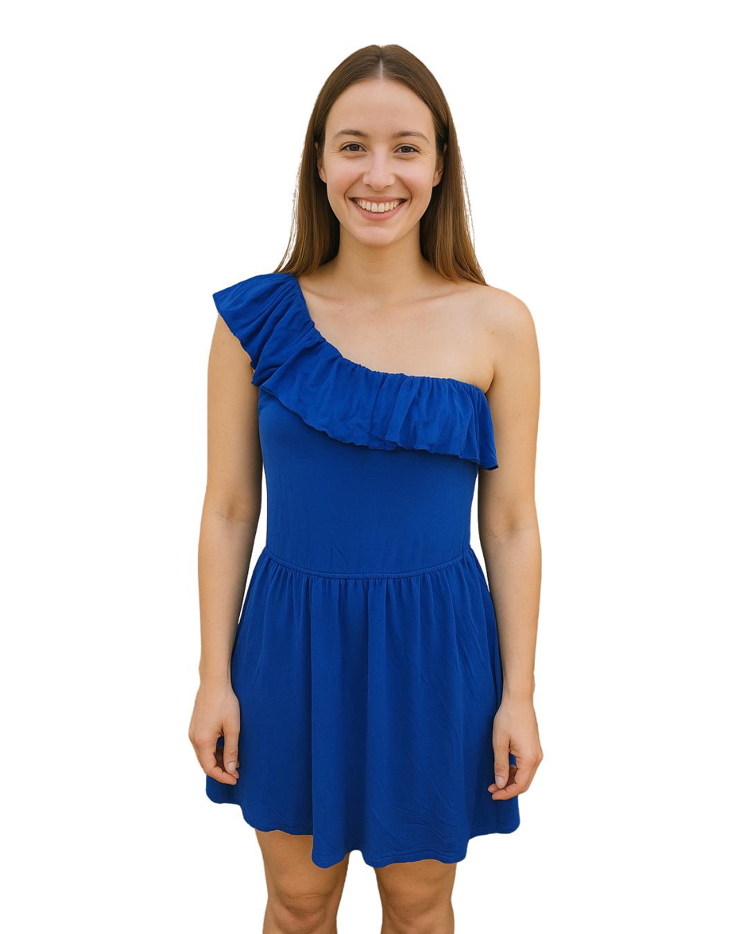 D'OCCASION – Robe bleue asymétrique à volants (Taille M)