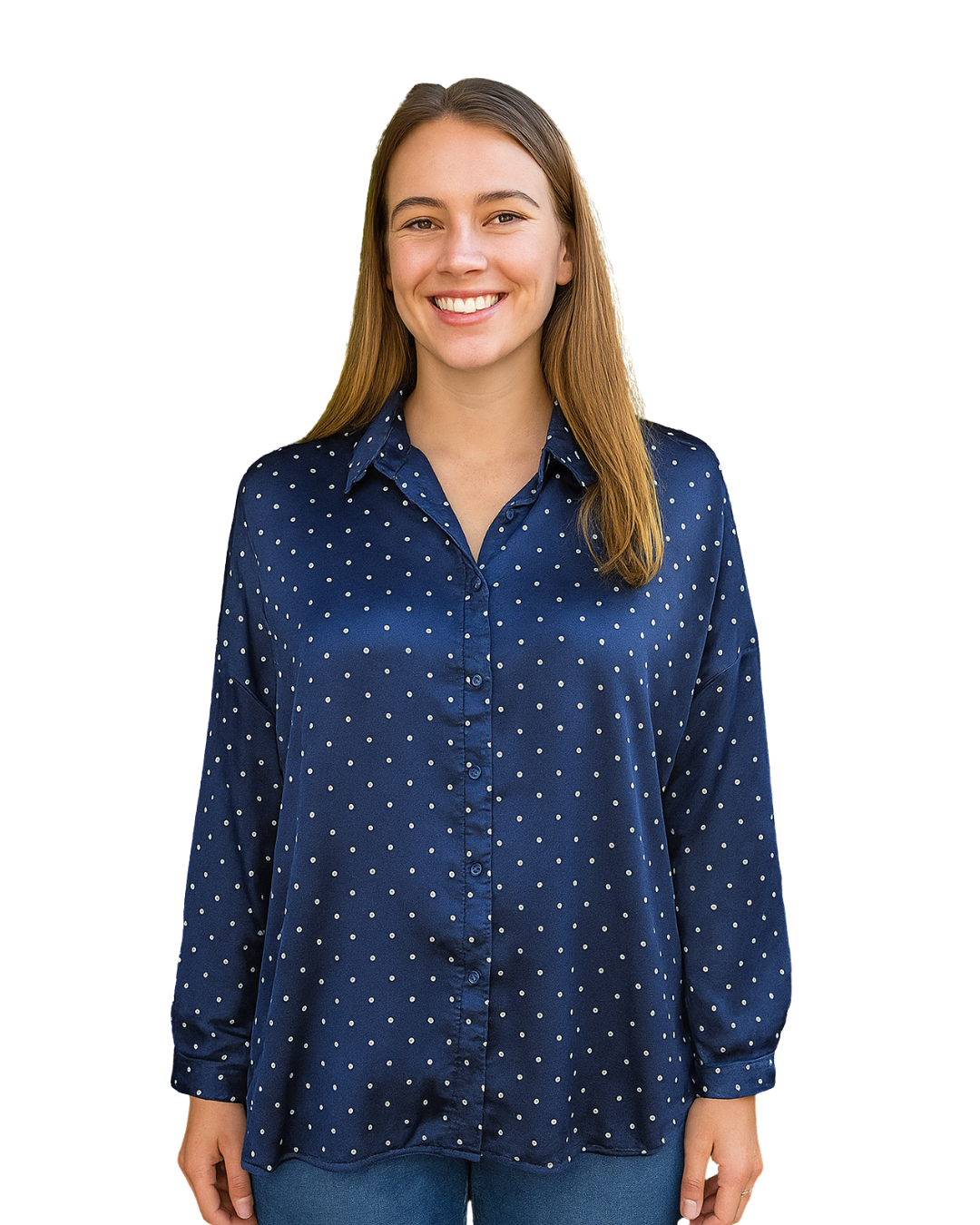 D'OCCASION - Chemisier bleu marine à pois Stradivarius (Taille M)