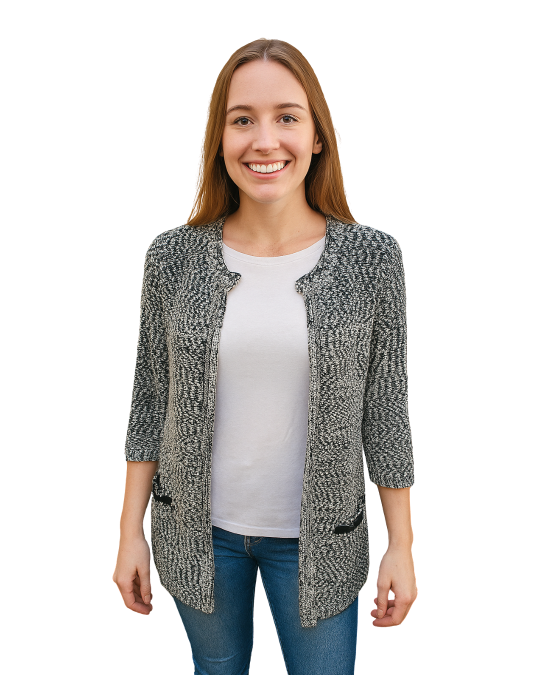 USADO – Cárdigan jaspeado blanco y azul marino tipo tweed de SFERA (Talla S)