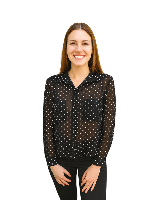 USADO – Blusa semitransparente negra de lunares blancos Bershka BSK (Talla S)