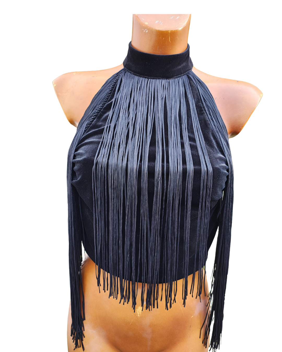 NUEVO - Top negro de terciopelo con flecos Bershka Special Edition (Talla S)