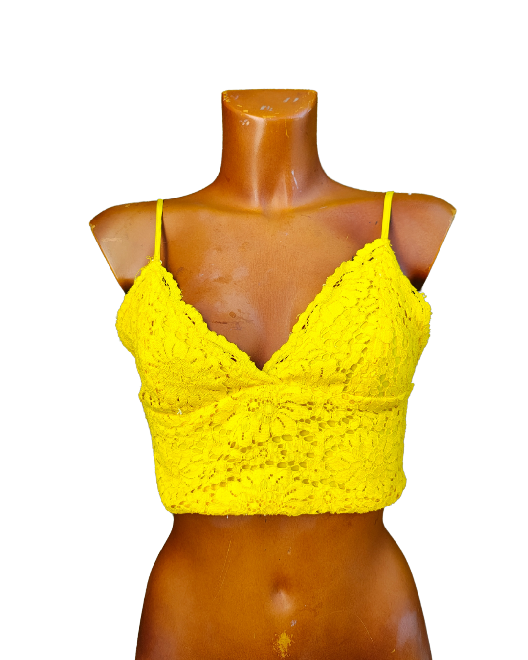 "Top amarillo corto de encaje floral de Zara Trafaluc, segunda mano en excelente estado, talla S."