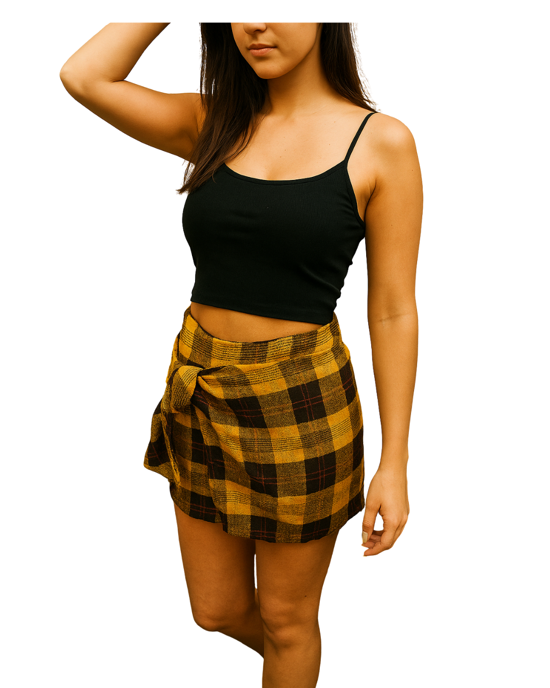 NUEVO– Falda shorts corta de cuadros mostaza y marrón MANGO Suit (Talla EUR XS)