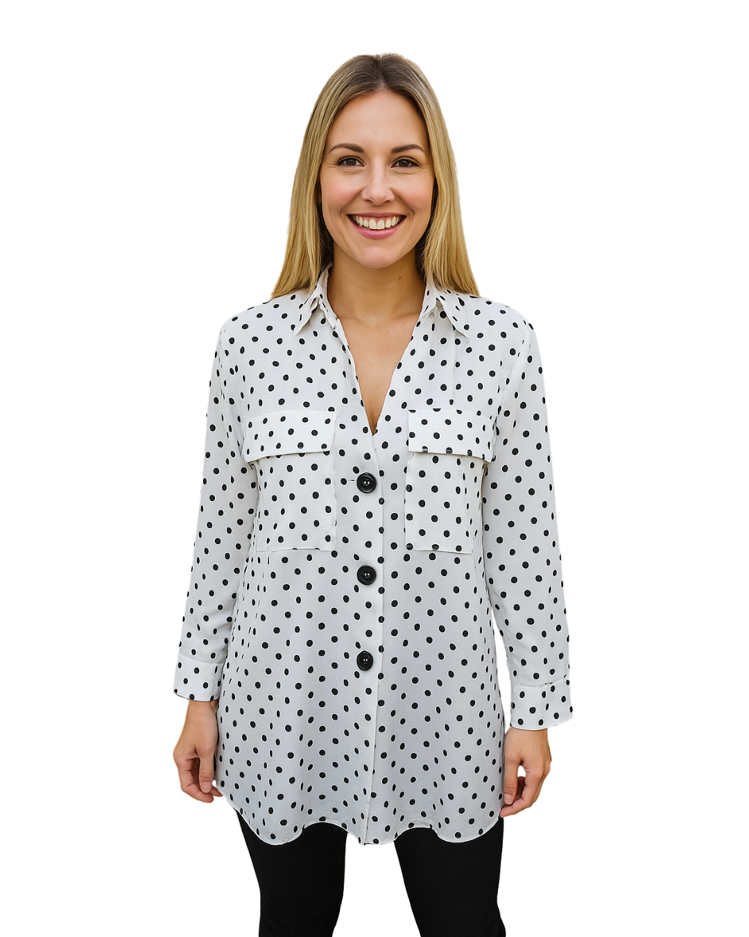 USADO – Blusa blanca con lunares negros y botones grandes ZARA (Talla XS)