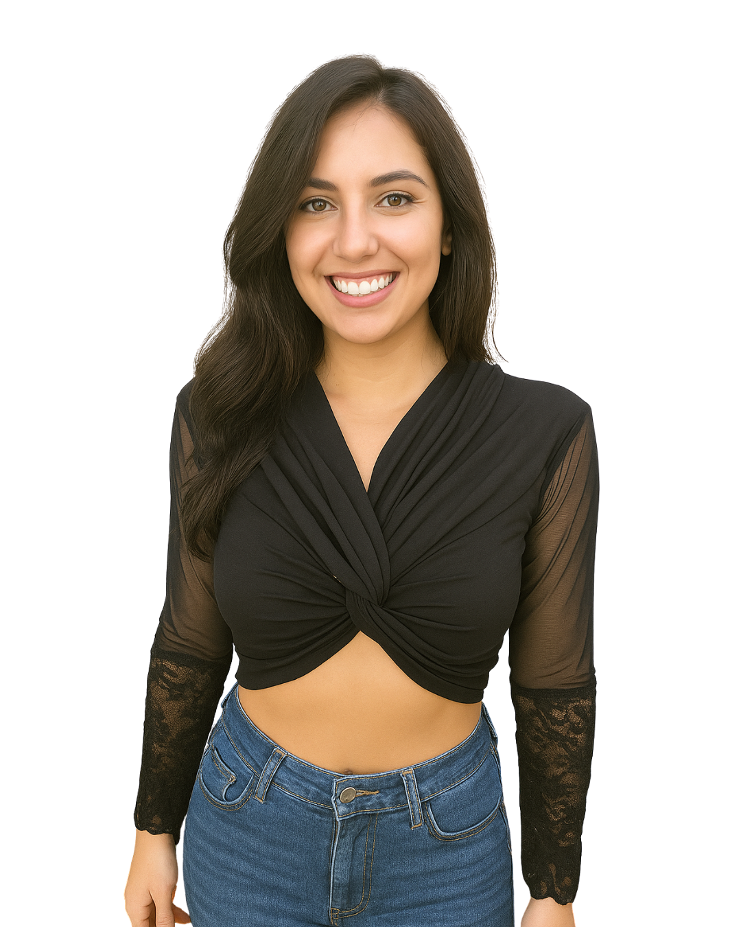NUEVO – Top negro cruzado transparente con mangas de encaje Shirt Passion (Talla S)