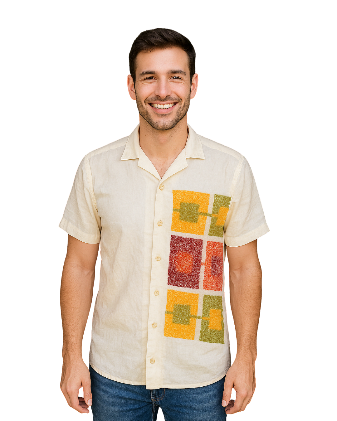 USADO – Camisa beige con estampado geométrico de colores ZARA (Talla S)