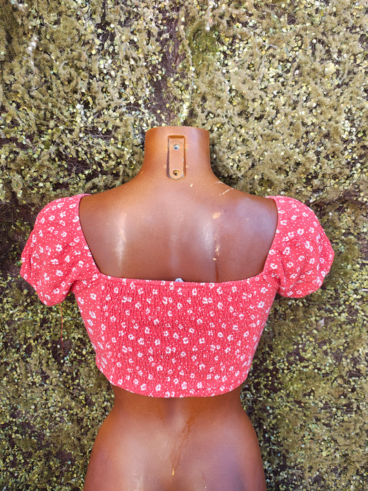 D'OCCASION - Haut fleuri rouge à smocks de Bershka (Taille M)