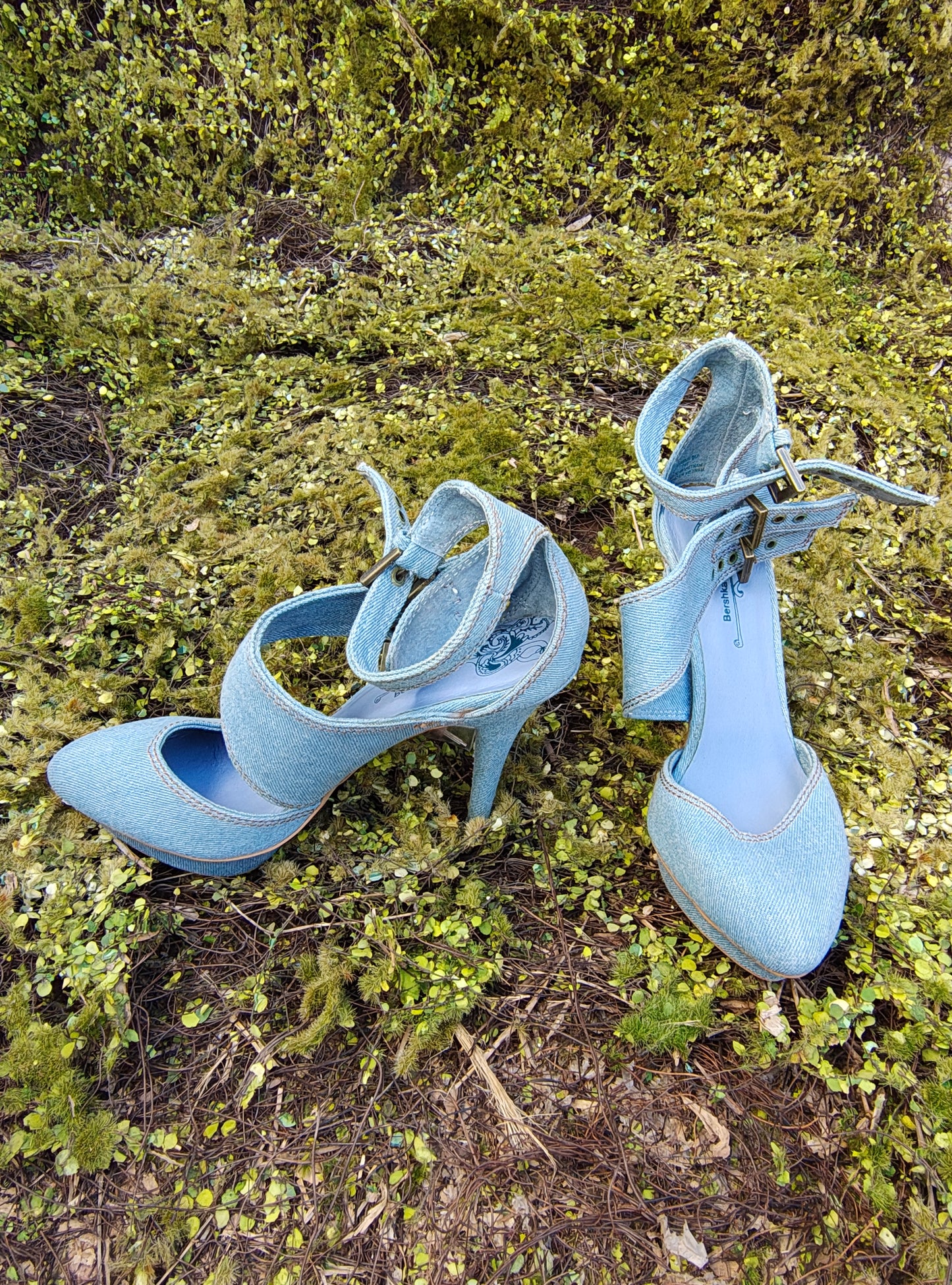 NUEVO- Zapatos de tacón vaqueros Bershka con doble pulsera al tobillo (Talla 37)