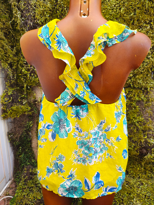 D'OCCASION – Zara Top basique jaune à fleurs et bretelles croisées (taille S)
