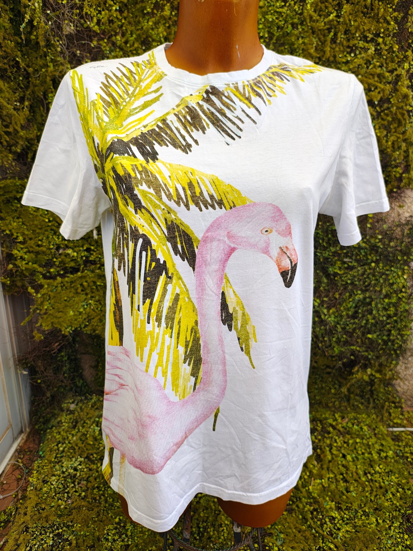 D'OCCASION – T-shirt blanc imprimé flamant rose et palmier STIK (Taille S)