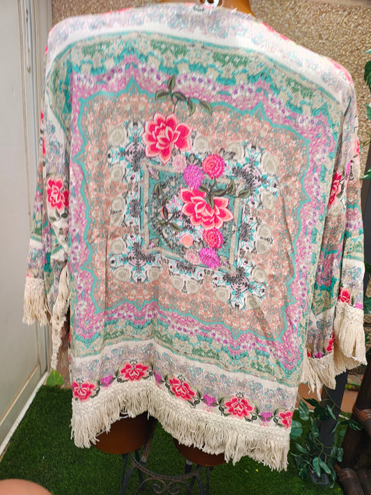 D'OCCASION – COLLECTION MULAYA Kimono à imprimé floral et franges (Taille unique)