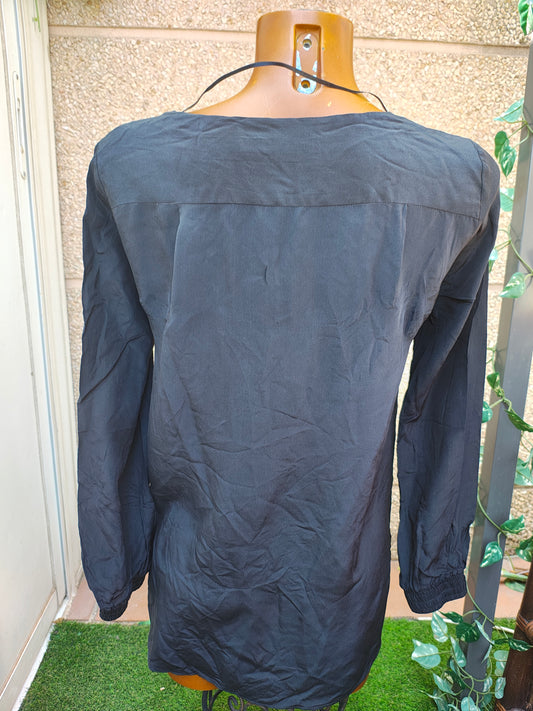 D'OCCASION – Chemisier noir 100% soie naturelle imprimé lynx ZARA FEMME (Taille S)