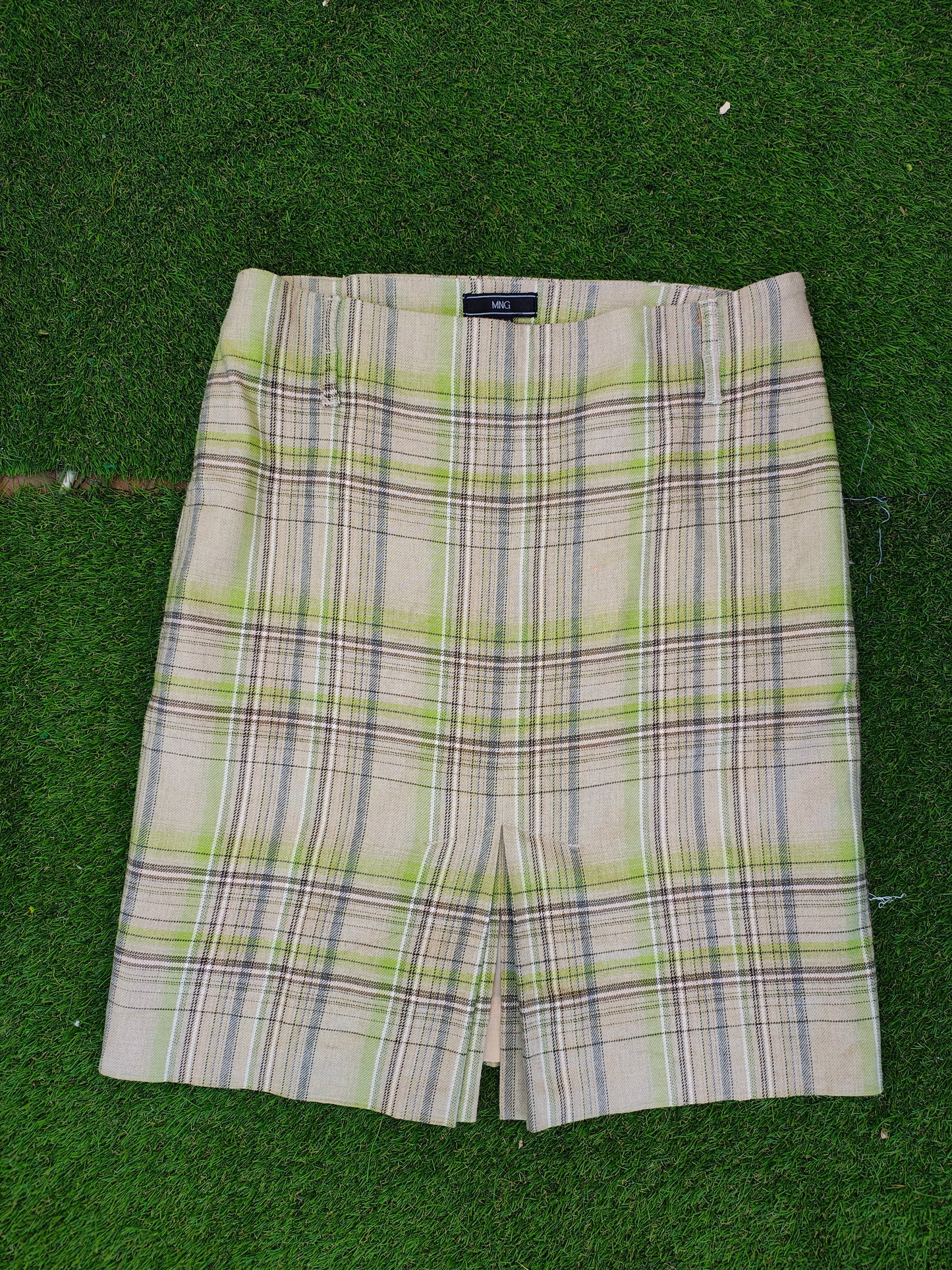 D'OCCASION – Jupe crayon à carreaux vert citron et beige MNG (Taille 42 EUR)
