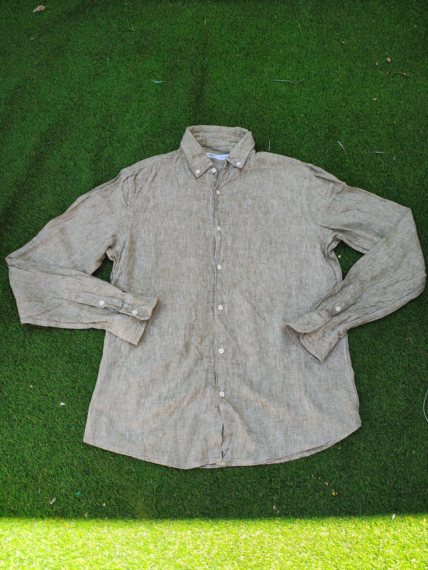 USADO – Camisa de lino beige jaspeado Zara (Talla S)