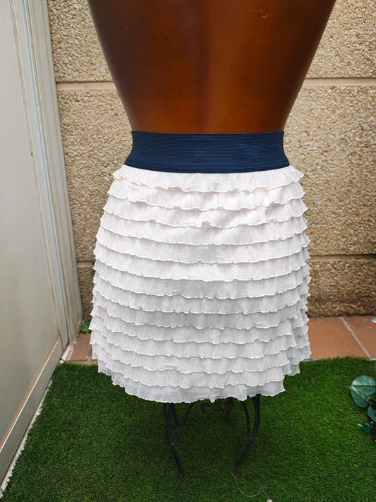 USADO – Falda blanca de volantes con cinturilla elástica azul oscuro GIN WATTEN (Talla L)