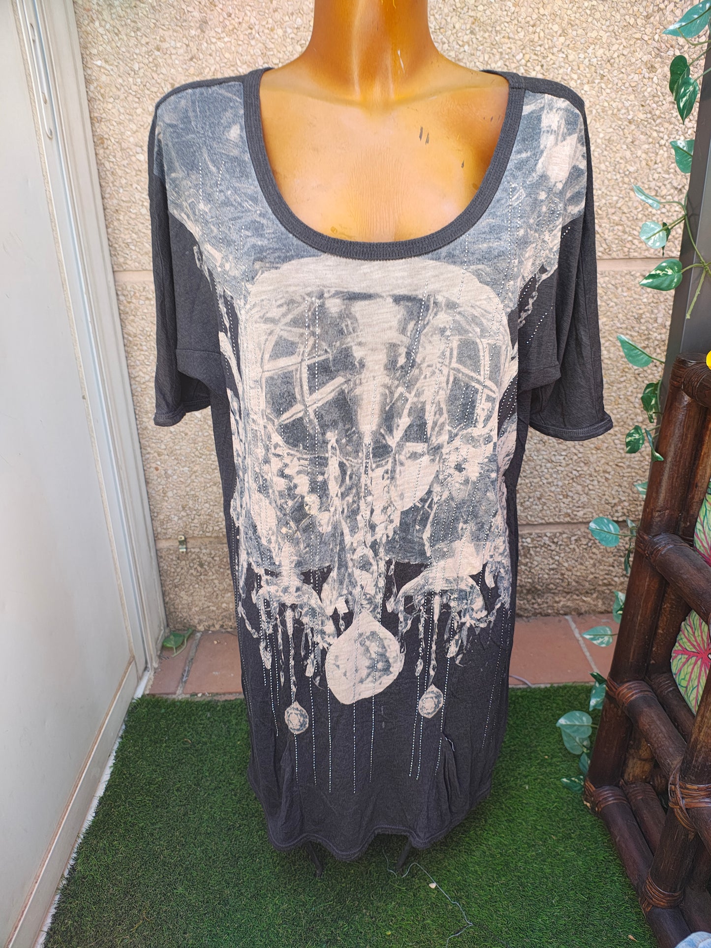 USADO – Vestido largo gris con estampado abstracto de pedrería Zara Basic Evening Collection (Talla M)