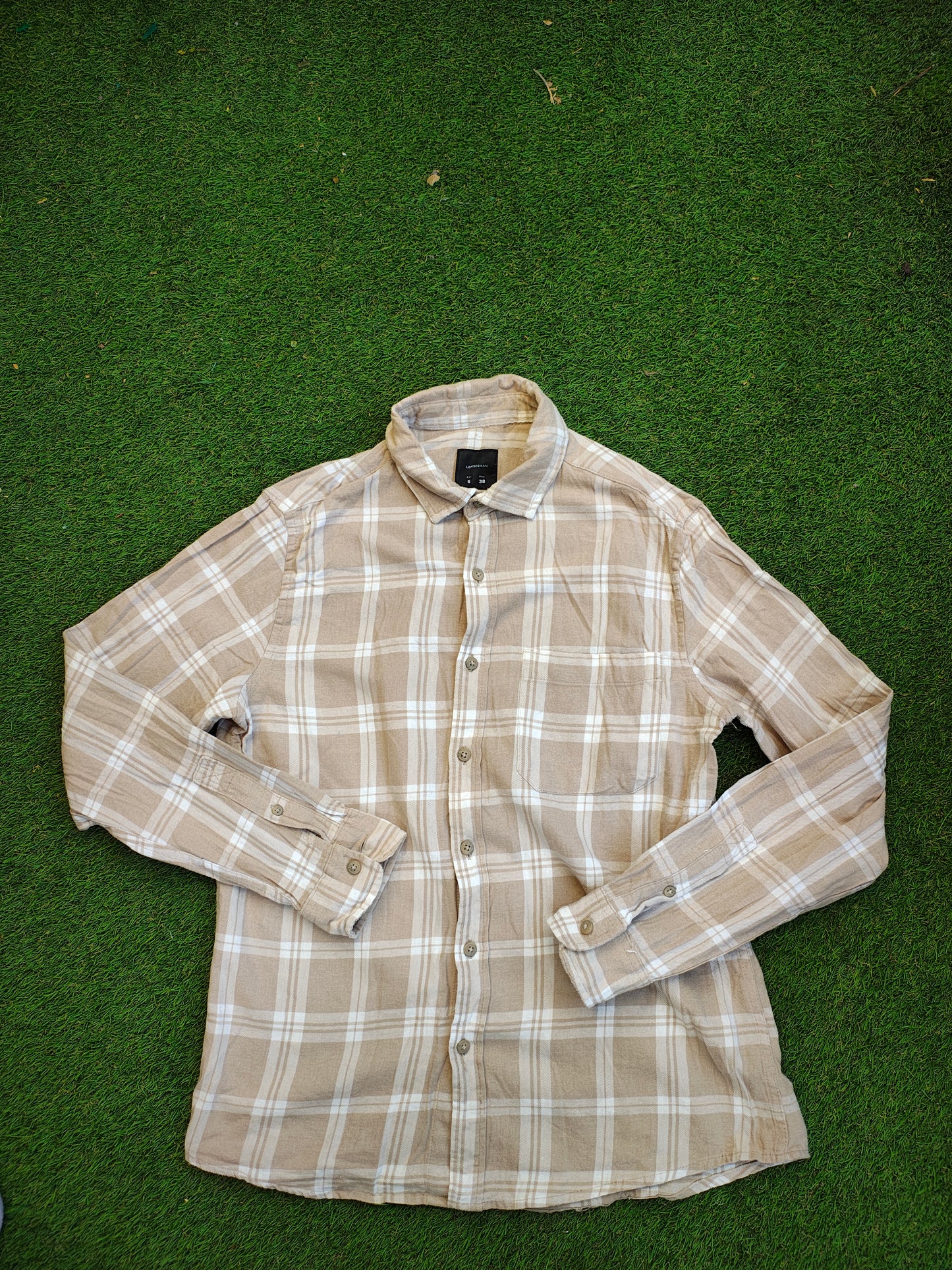 USADO – Camisa beige de cuadros blancos LEFTIESMAN Regular Fit (Talla EUR S)