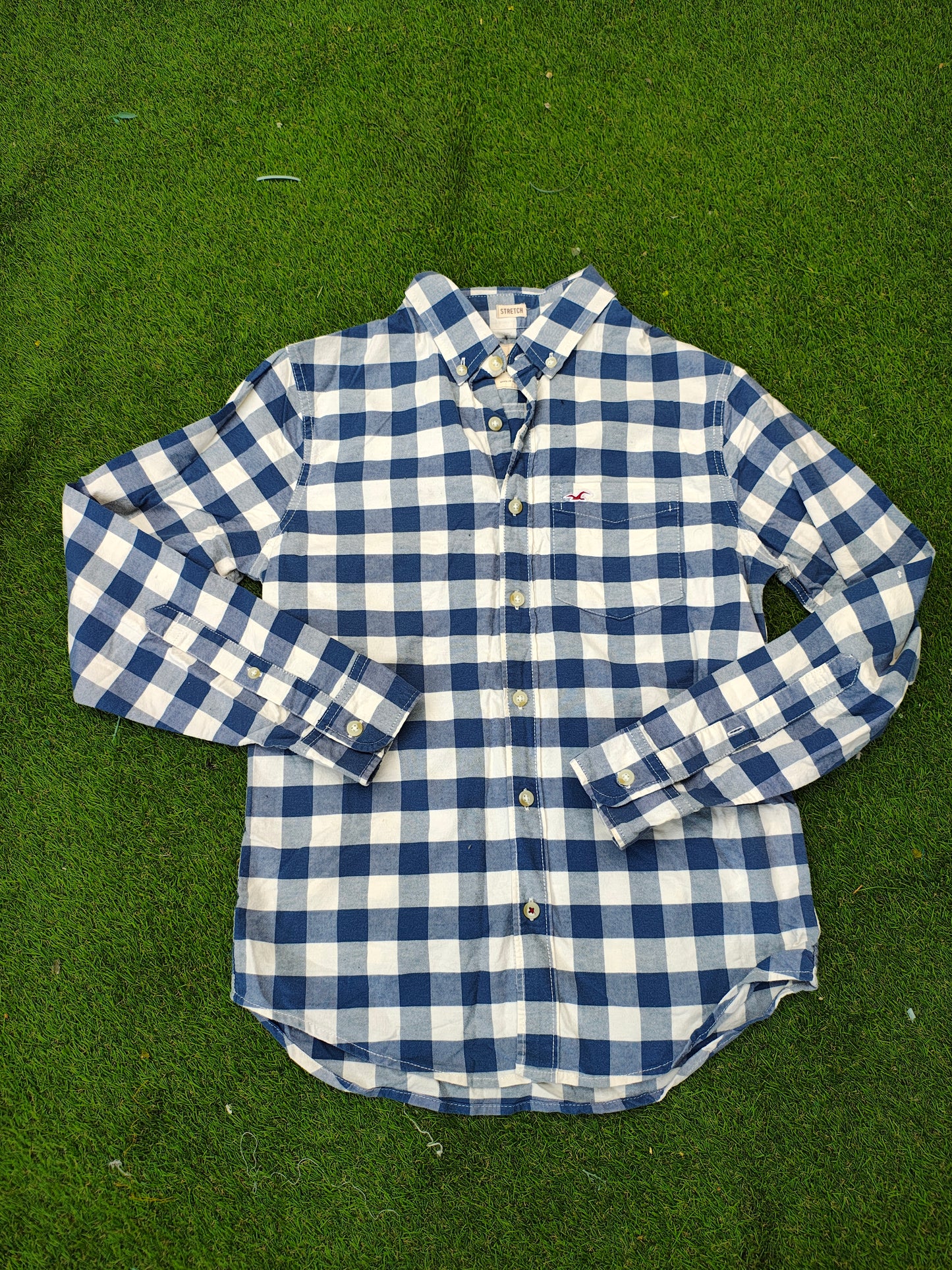 USADO – Camisa de cuadros azul y blanco hollister Stretch (Talla XS