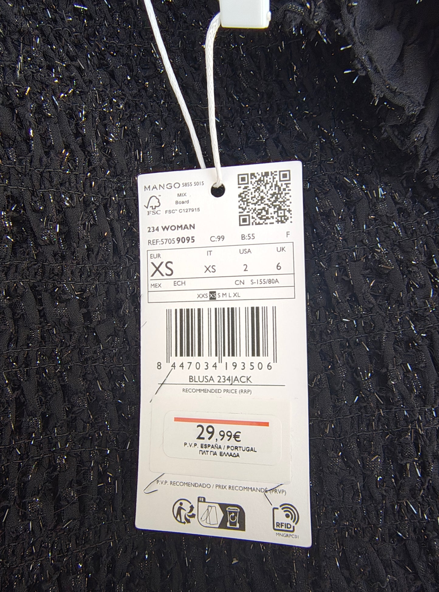 NUEVO – Blusa negra palabra de honor con mangas largas abullonadas MNG (Talla XS)