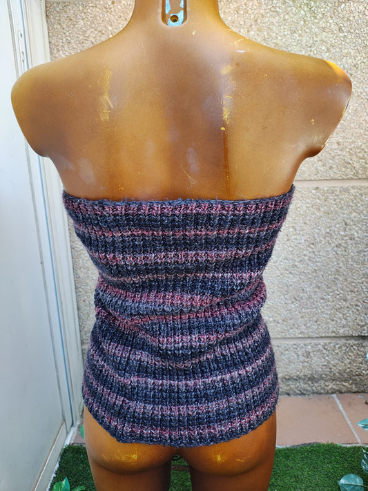 USADO – Top de punto estilo palabra de honor a rayas con botones decorativos (Talla única)